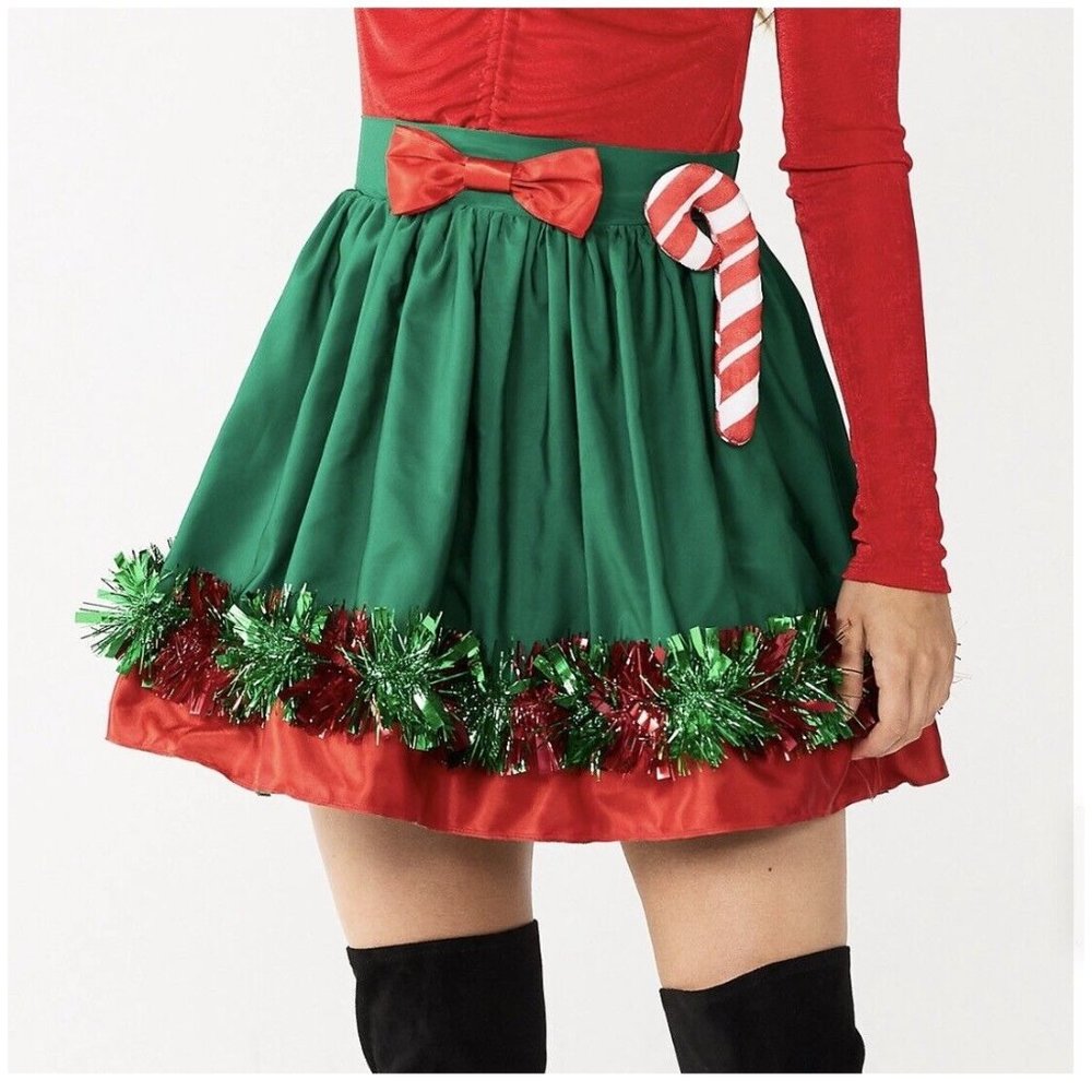 New Love & Let Love Candy Cane Skater Skirt Tinsel Trim Juniors Size XS Green
